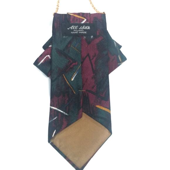 Artisan Vintage Silk Tie Necklace Milano Upcycled Antique Gold Brooch Accent NEW - Picture 5 of 13